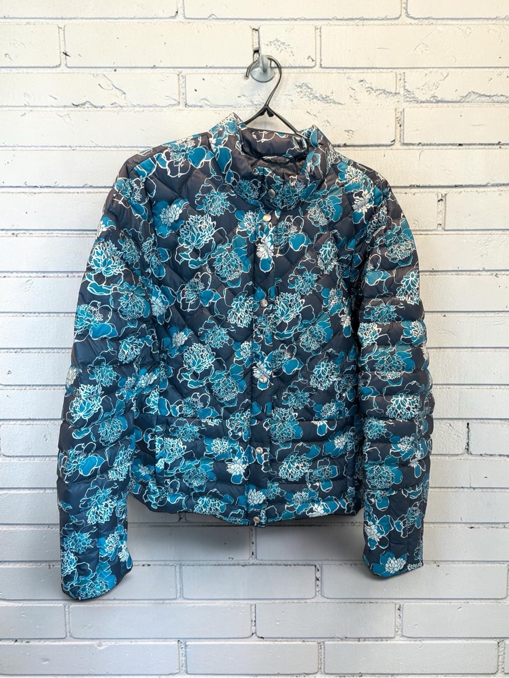 Lands' End Blue Floral Quilted Down Puffer Jacket Coat Size XL-8-Excellent